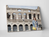 Trip to Rome: photo in front of the Colosseum printed on rectangular canvas.