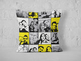 Black, white, and yellow pop art photo collage printed on fully personalized cushion.