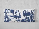 Monochrome pop art photo collage printed on fully personalized cushion.