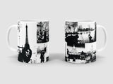France trip photo collage printed in black and white on ceramic mug.