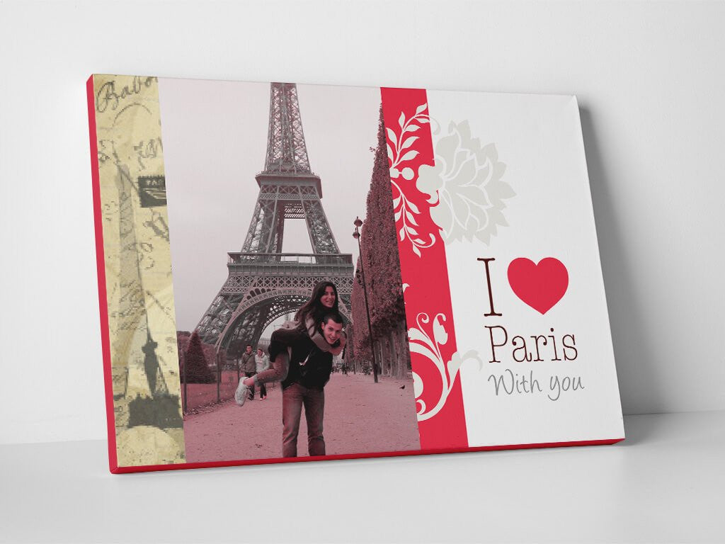 Couple's romantic photo in Paris designed and printed on canvas.