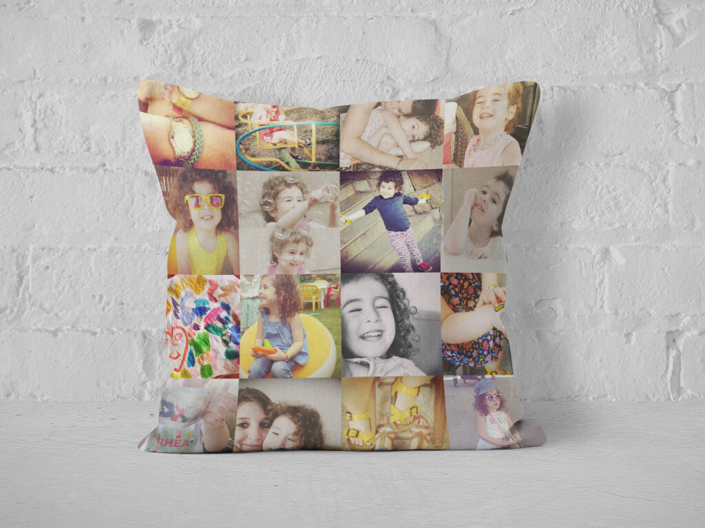Baby photo collage printed on square cushion.