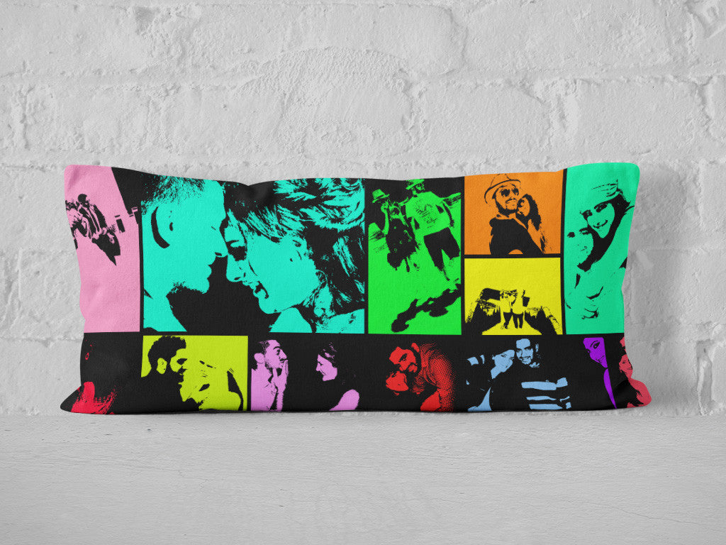Colorful pop art photo collage printed on fully personalized cushion - design 1.
