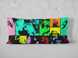 Colorful Popart photo collage of loving couple printed on rectangular cushion.