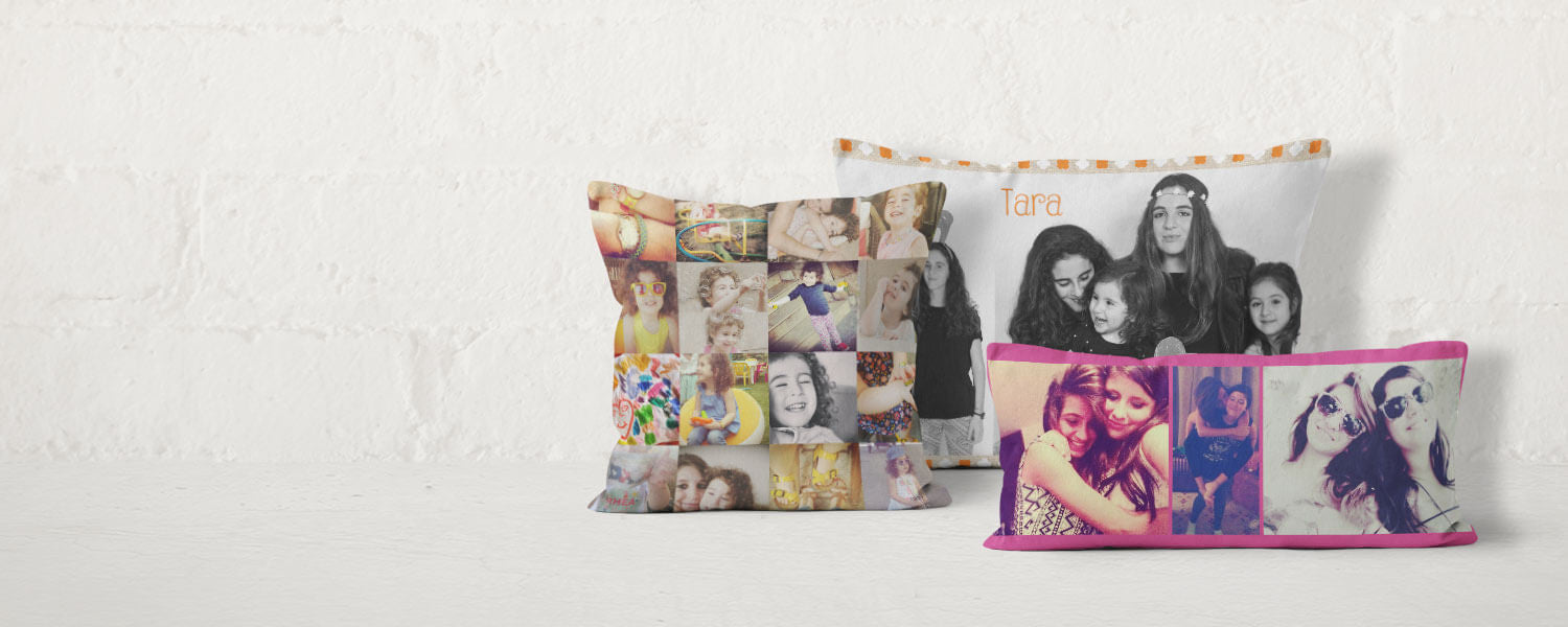 Personalized cushions with customized photos and texts printed.